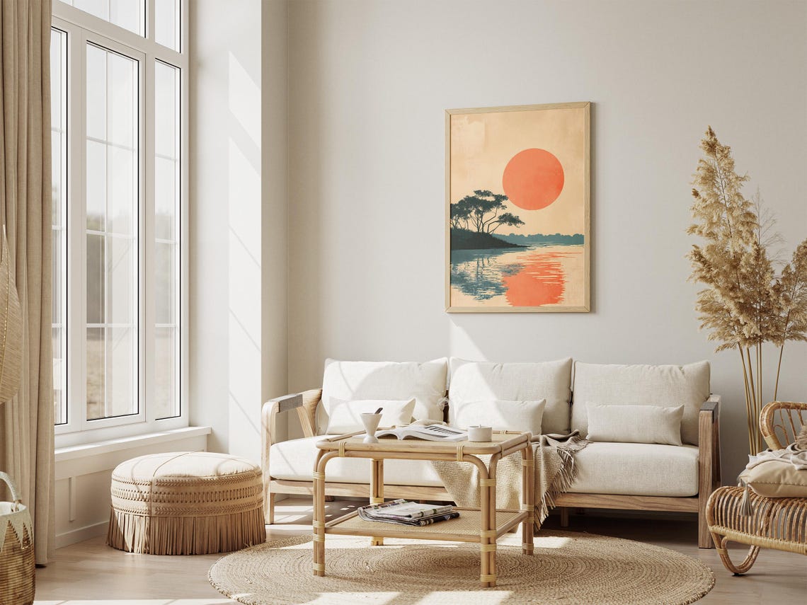 Japanese Sunset Over Water Minimalist Orange Sun Reflection Poster - Image 4