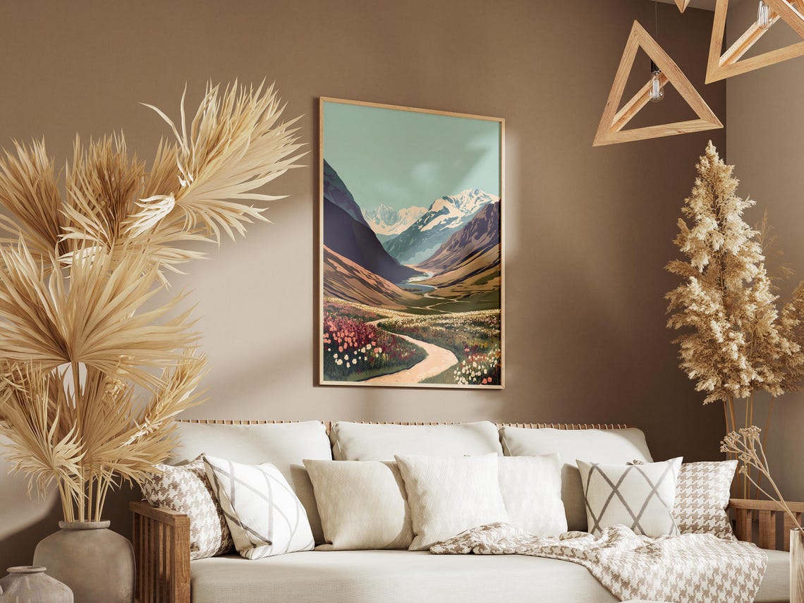 Alpine Valley Wildflower Meadow Winding Path Snowy Peaks Poster - Image 3
