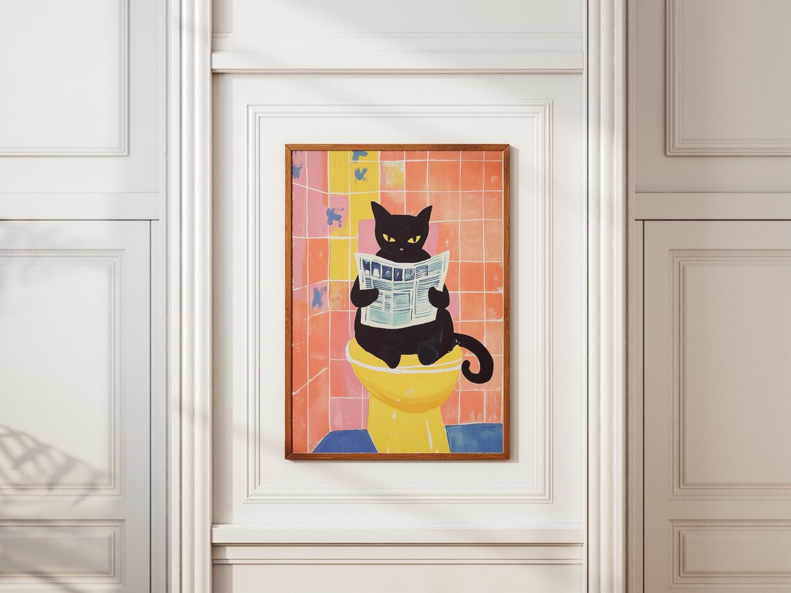 Funny Black Cat Reading Newspaper On Bathroom Toilet Art Poster - Image 2