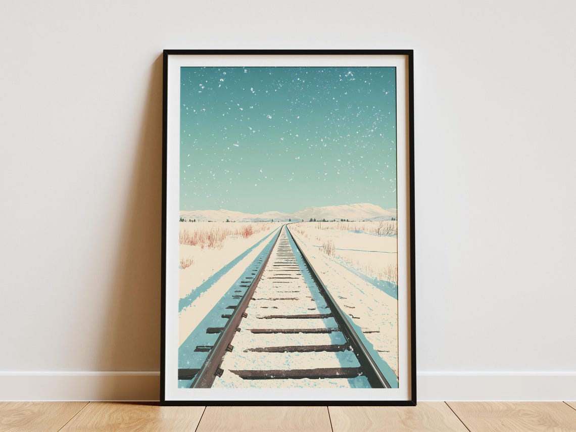 Railroad Tracks Vanishing Into Snowy Plain Winter Sky Poster