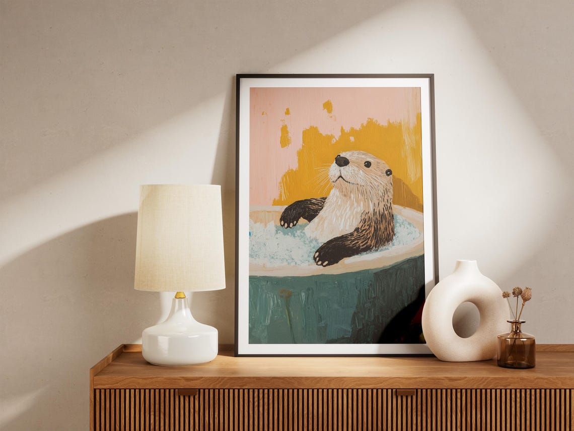 Sea Otter Relaxing in Bubble Bath Mustard Yellow Bathroom Poster - Image 5
