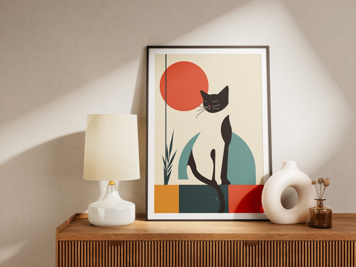 Sleeping Black Cat Under Big Red Sun Minimalist Japanese Art Poster - Image 2