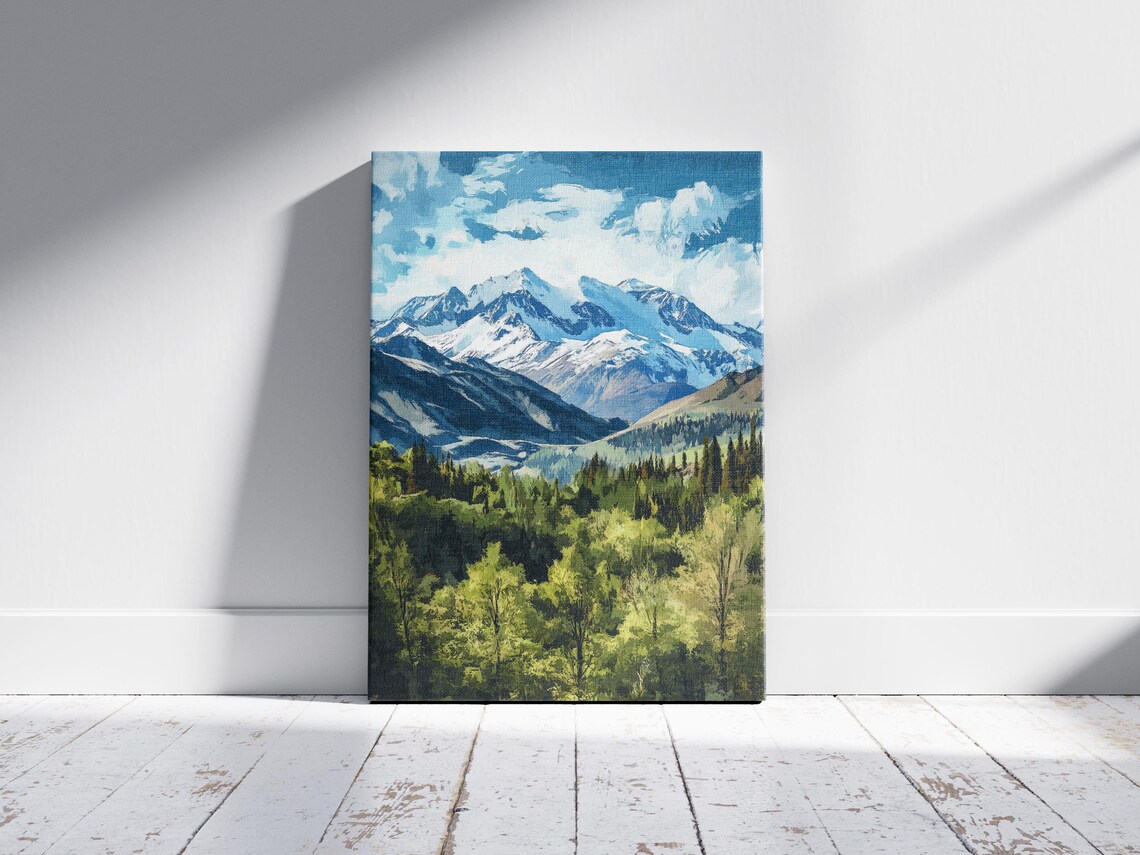 Snowy Mountain Peak Green Valley Blue Sky Alpine Landscape Print - Image 2