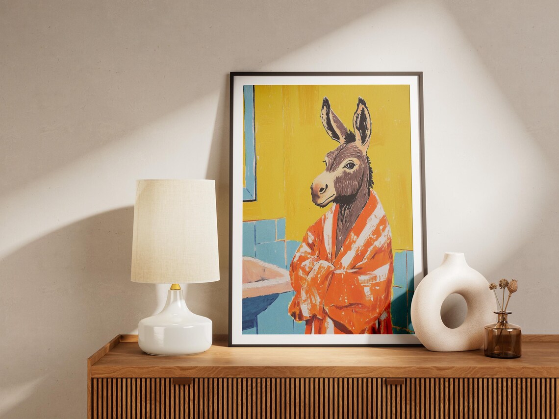 Donkey in Orange Bathrobe Yellow Bathroom Funny Animal Poster - Image 5