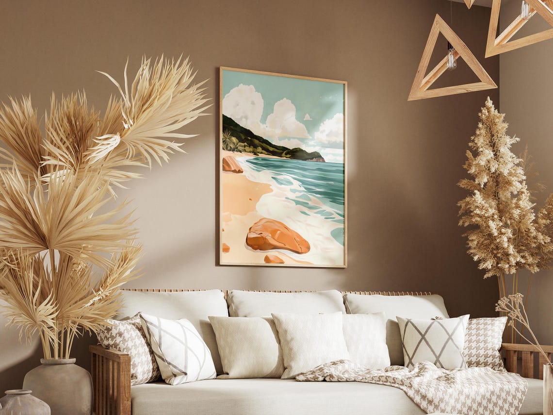 Turquoise Wave Beach Orange Boulder Green Headland Scene Poster - Image 3
