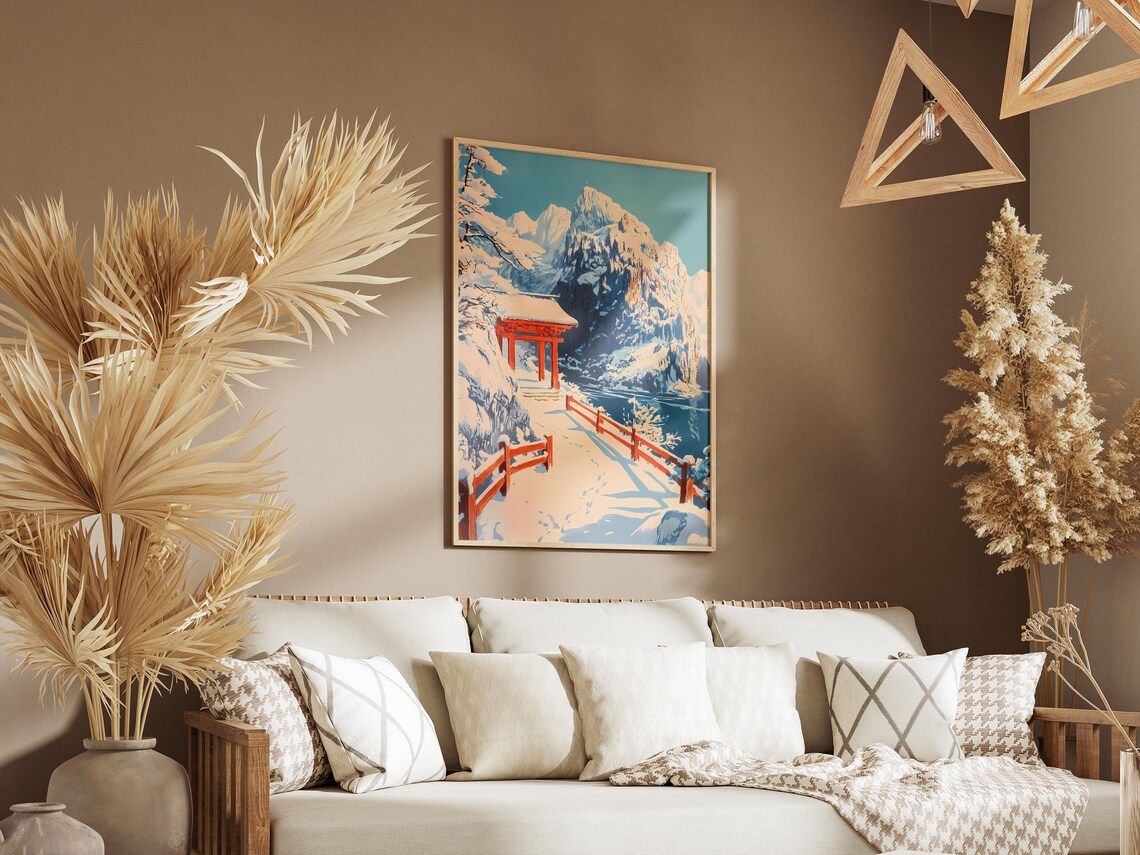 Snowy Mountain Red Torii Gate Japanese Winter Travel Art Poster - Image 3