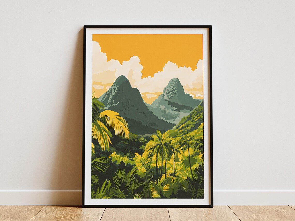 Twin Peaks Palm Trees Golden Sky Lush Tropical Jungle Poster