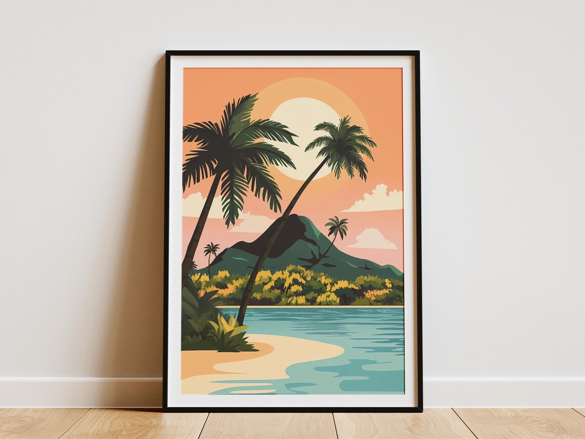 Pamalican Island Sunset with Palm Silhouettes and Peak Poster