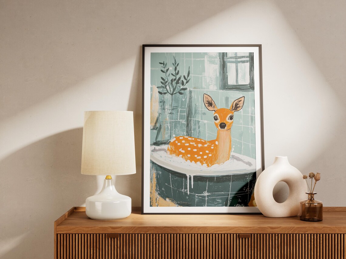 Cute Deer Fawn Bathtub Bubbles Whimsical Modern Bathroom Animal Poster - Image 4