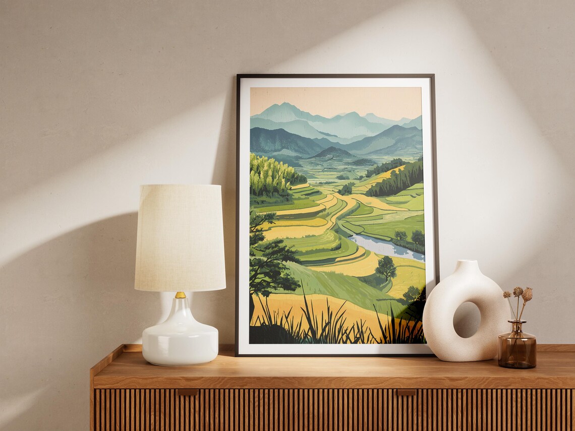 Green Rice Paddy Valley Distant Mountain Peaks Landscape Poster - Image 5