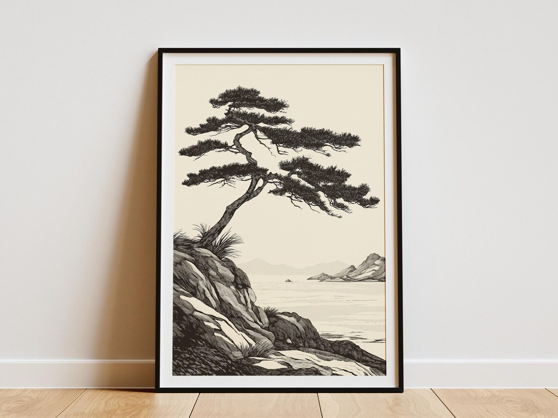 Japanese Coastal Pine Tree Cliff Ink Seascape Illustration Poster