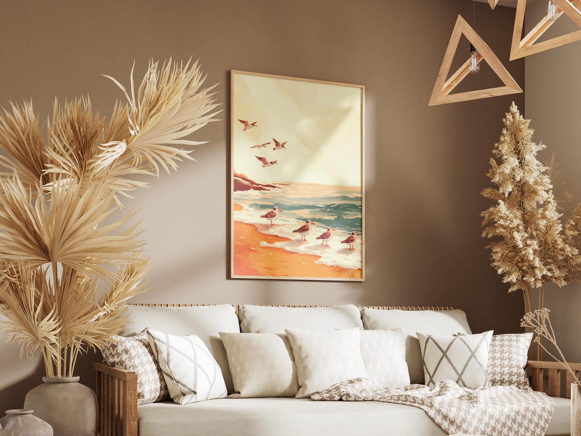 Sanderling Shorebirds on Golden Beach Waves Coastal Art Poster - Image 3