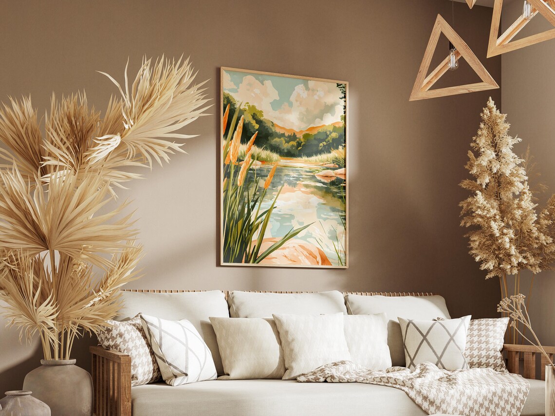 Peaceful River with Golden Cattails and Soft Morning Clouds Poster - Image 3