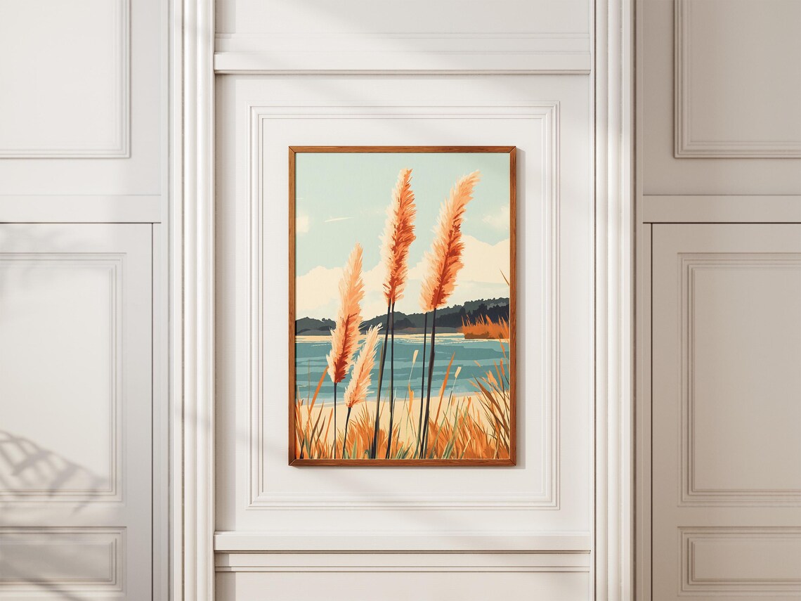 Tall Coral Pampas Plumes Above A Teal Bay Beach Landscape Poster - Image 2