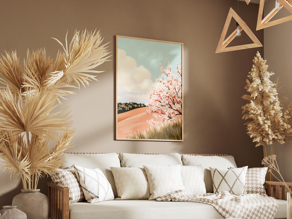Pink Cherry Blossom Tree Over Sunlit Apricot Rolling Hills Poster - Image 3