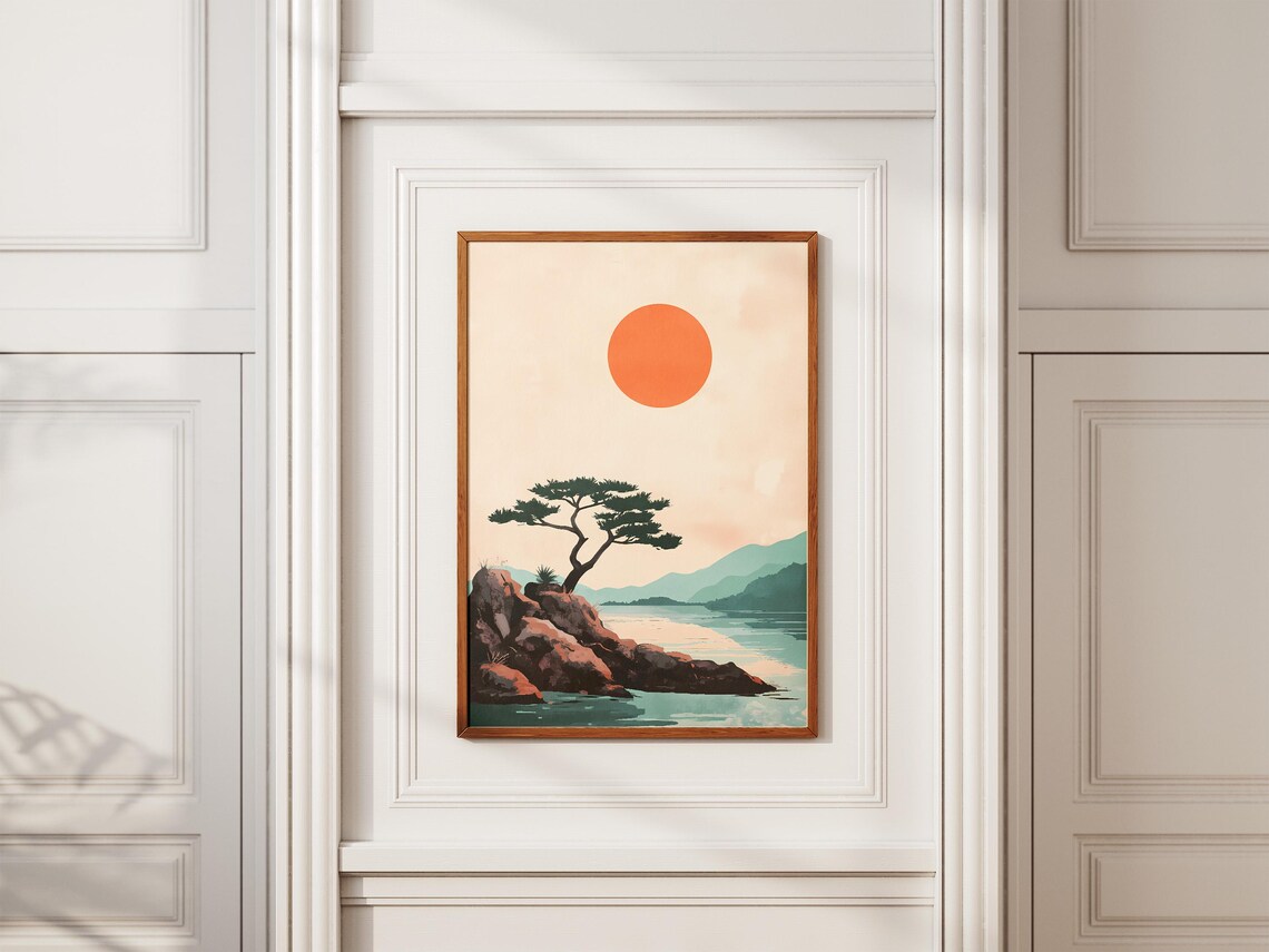 Japanese Pine On Rocky Shore Under Red Sun Minimalist Poster - Image 2