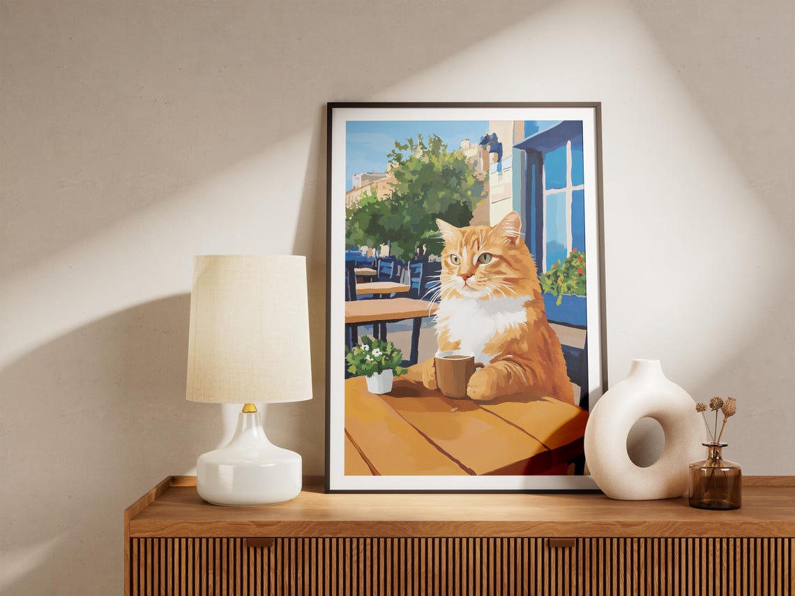 Orange Cat Coffee Poster Whimsical Cafe Cat Wall Decor Kitchen Gift - Image 4