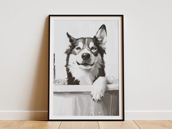 Husky In Bathtub Poster Dog Wall Art Funny Animal Print Bathroom Decor Pet Portrait Minimalist Lover Gift Home