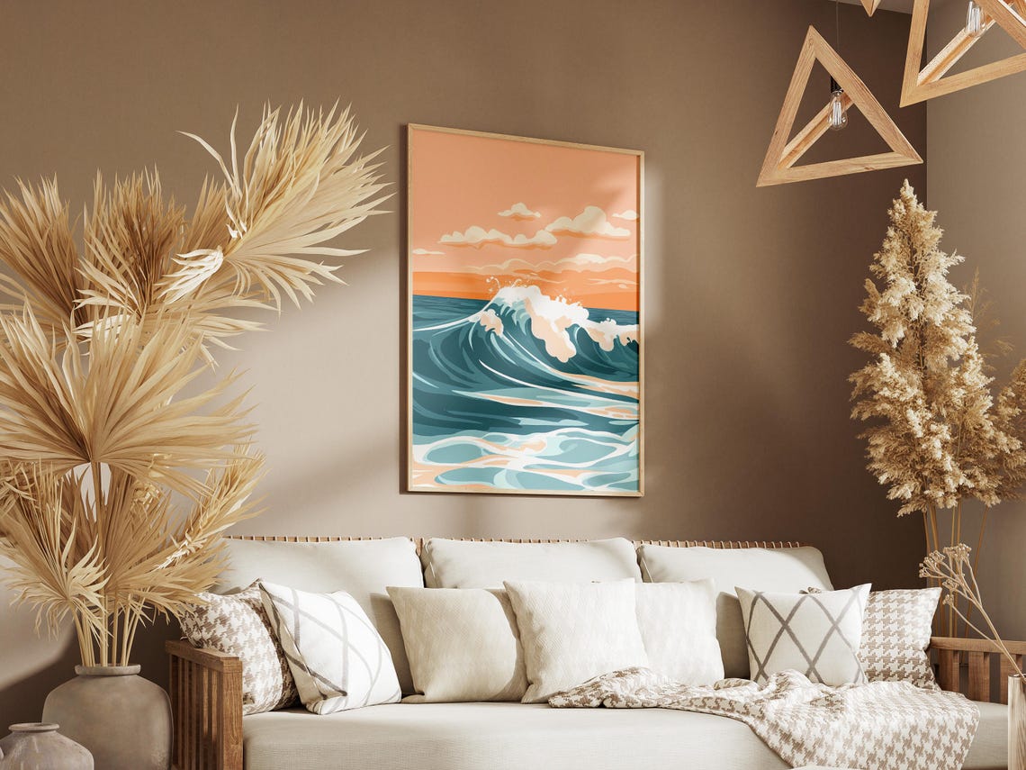 Big Blue Ocean Wave Crashing Under an Orange Sunset Sky Poster - Image 3