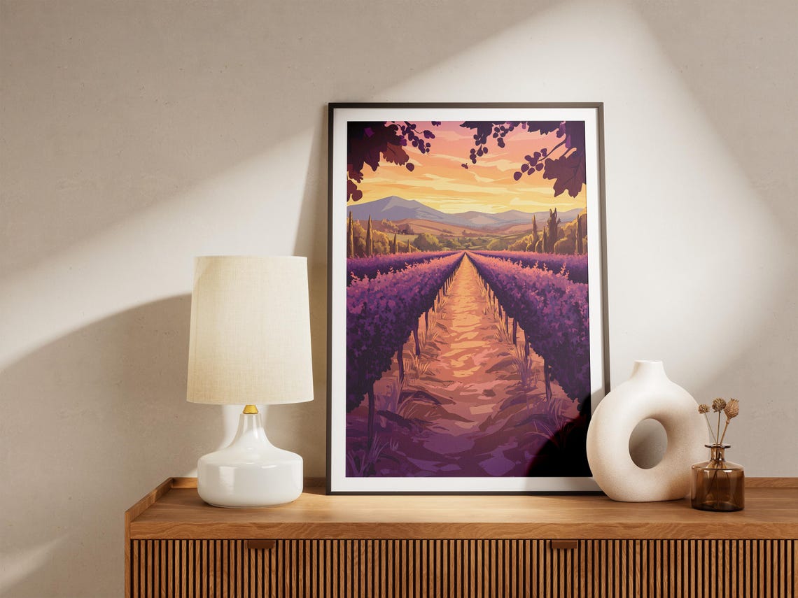 Lavender Vineyard Sunset Landscape Poster Purple Vineyard Dusk French Countryside Art Print Wine Country Decor Vintage Travel Poster - Image 5