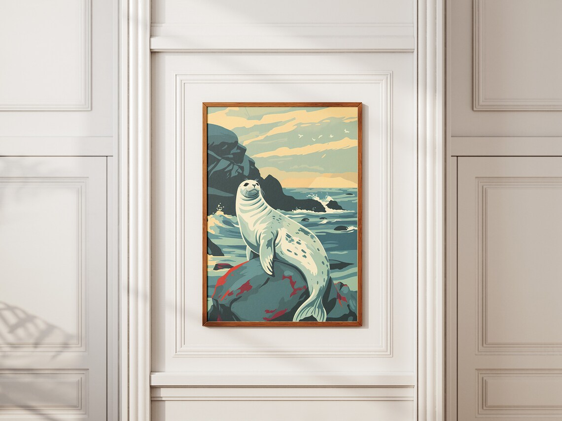 Spotted Seal Resting on Ocean Rocks Vintage Coastal Wildlife Poster - Image 2