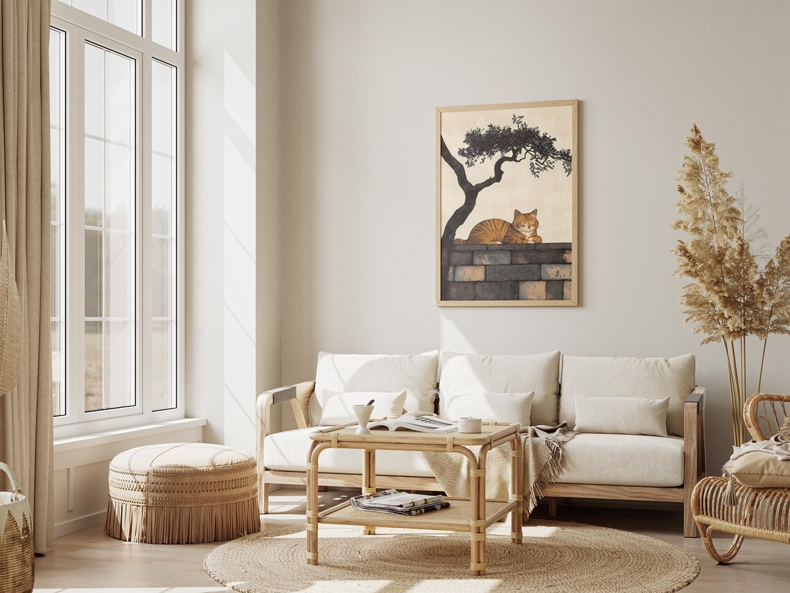 Sleeping Orange Tabby Cat on Stone Wall Beneath a Black Pine Art Poster - Image 4
