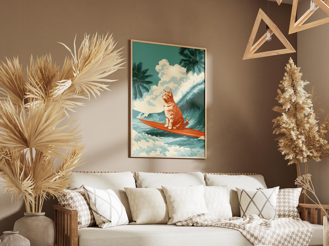 Orange Tabby Cat Surfing Huge Tropical Wave Beach Art Poster - Image 3