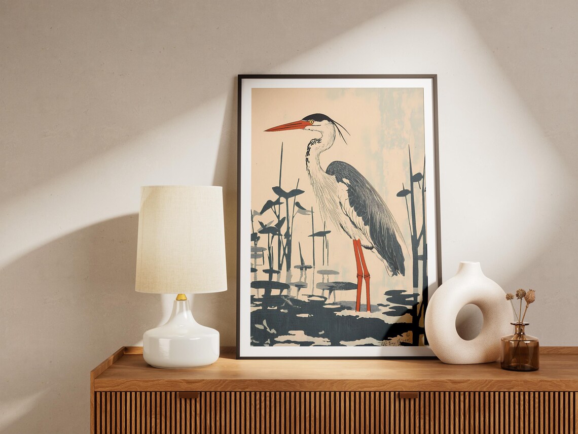 Grey Heron Standing In Marsh Reeds Minimalist Ink Art Poster - Image 5