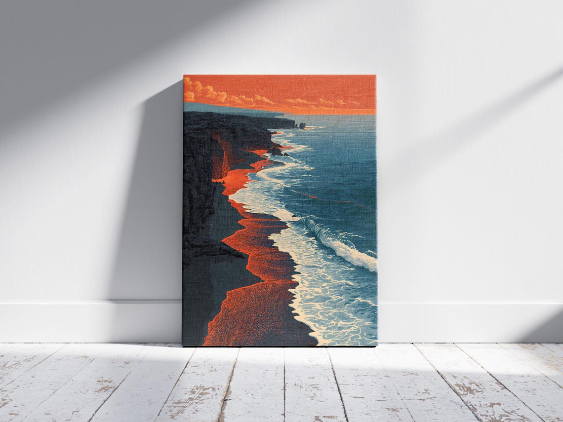 Black Sand Beach Lava Rock Hawaiian Coast Sunset Scenic Poster - Image 2