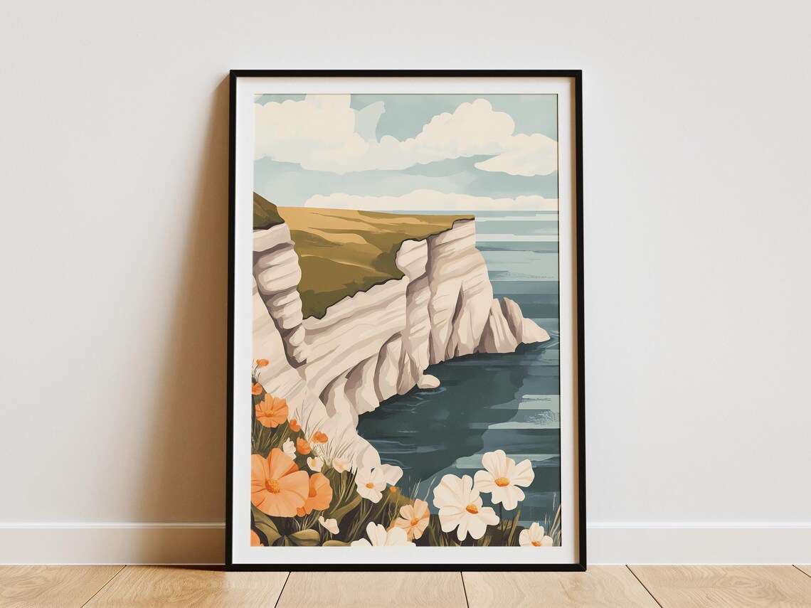 White Chalk Cliffs With Wildflowers Above The Sea Coast Poster
