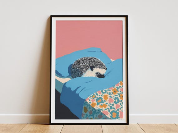 Charming Hedgehog Sleeping In Cozy Bed Matisse Style Painting Modern Animal Wall Art Print Cute Nursery Bedroom Decor Unique