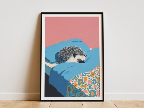Cozy Sleeping Hedgehog on Blue Pillow Floral Matisse Art Poster