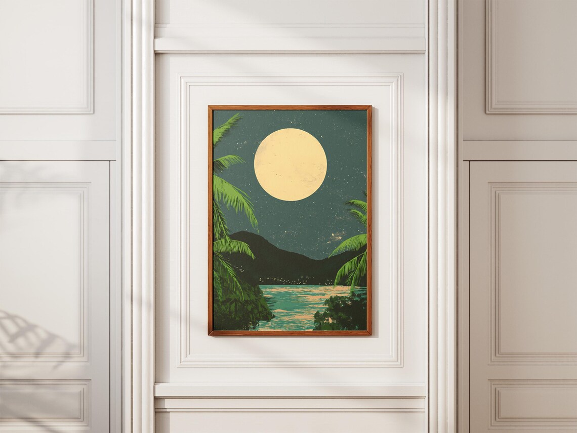 Virgin Islands National Park Moonlit Tropical Bay Palm Trees Night Poster - Image 2