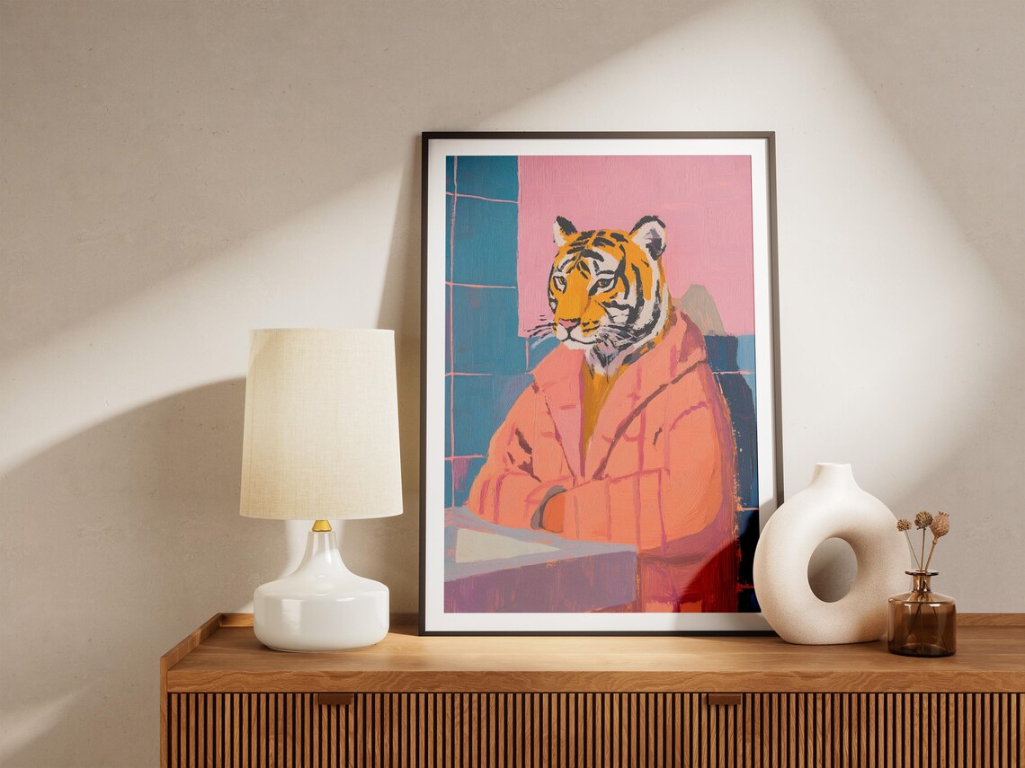 Tiger in Coral Bathrobe at Sink Pastel Pink Teal Bathroom Poster - Image 5