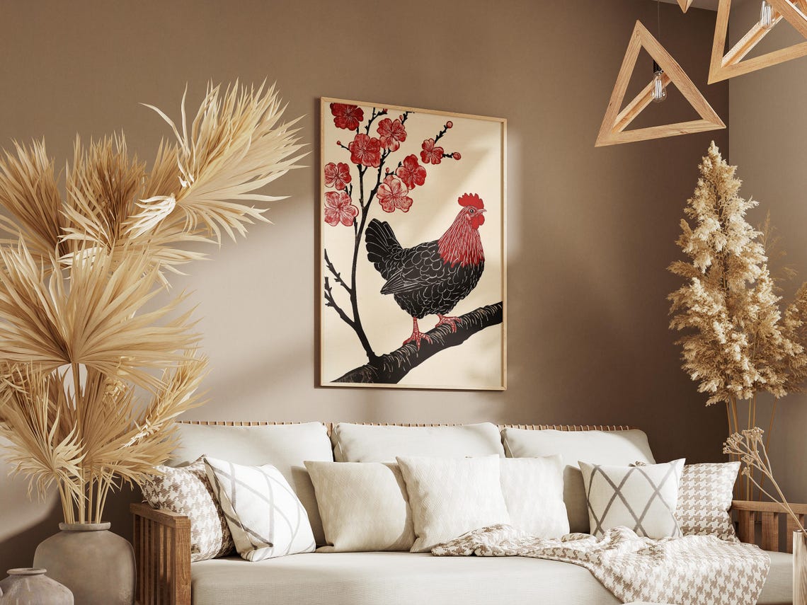 Red and Black Rooster Perched Under Plum Blossom Branch Art Poster - Image 3