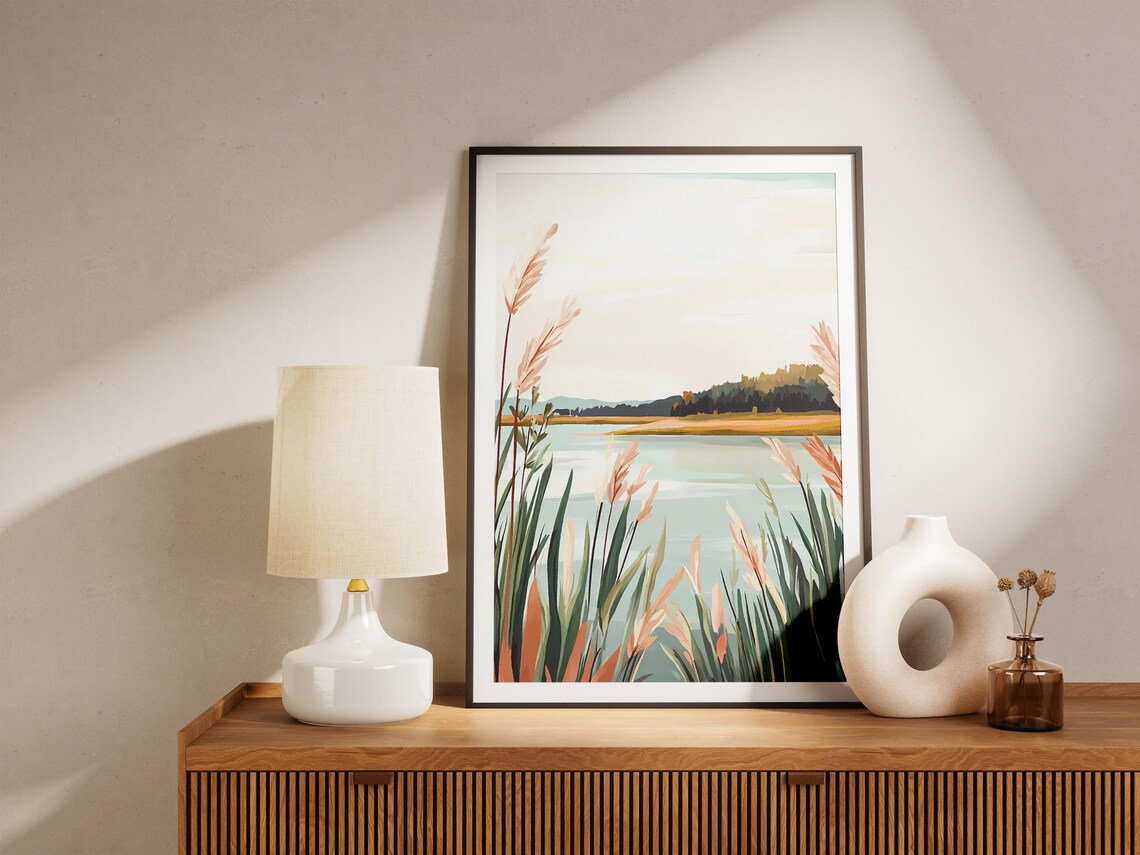 Tranquil Lakeshore Reeds Over Calm Water Nature Landscape Poster - Image 5