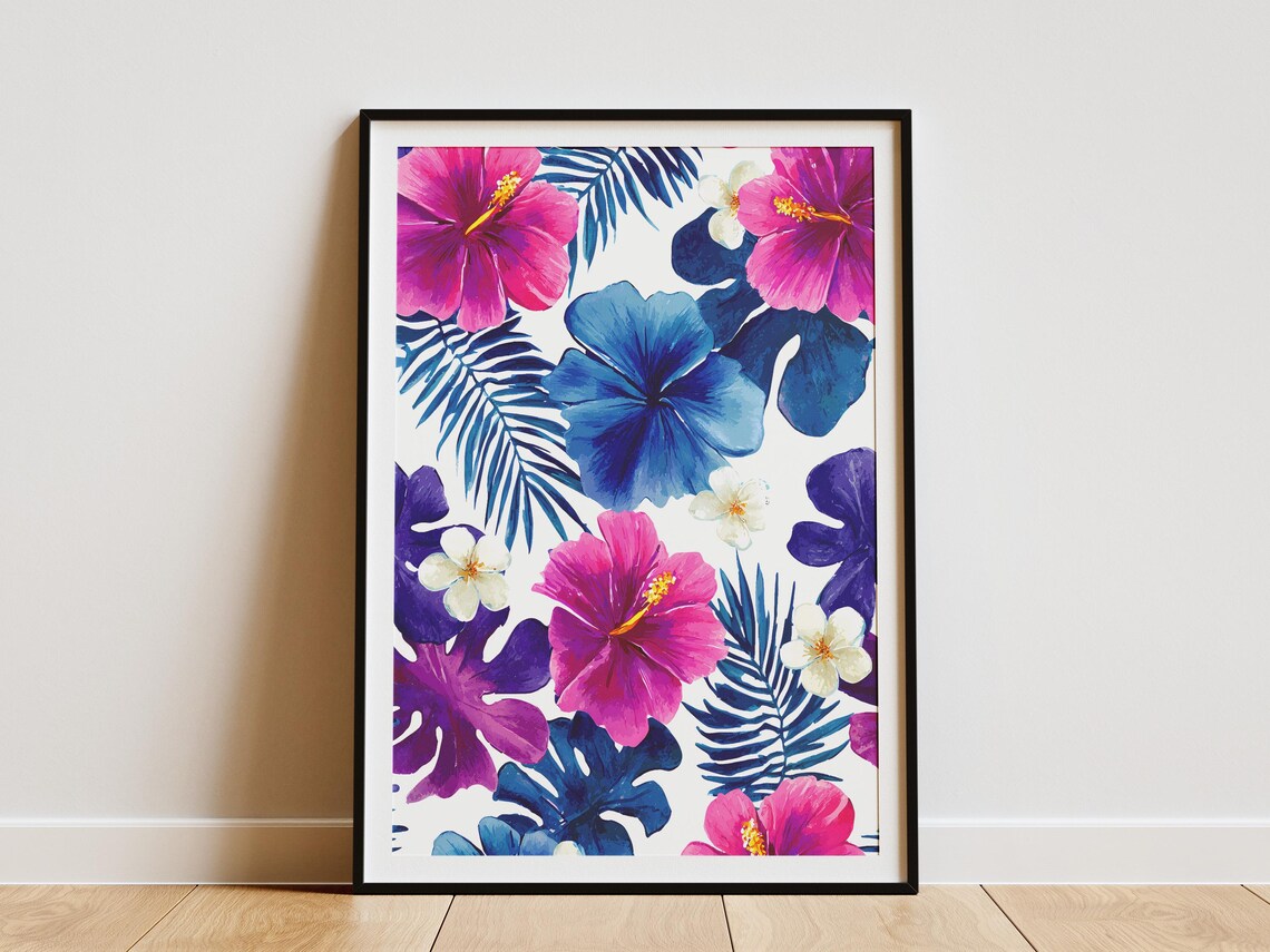 Tropical Hibiscus Flower Pattern Watercolor Pink Blue Art Poster