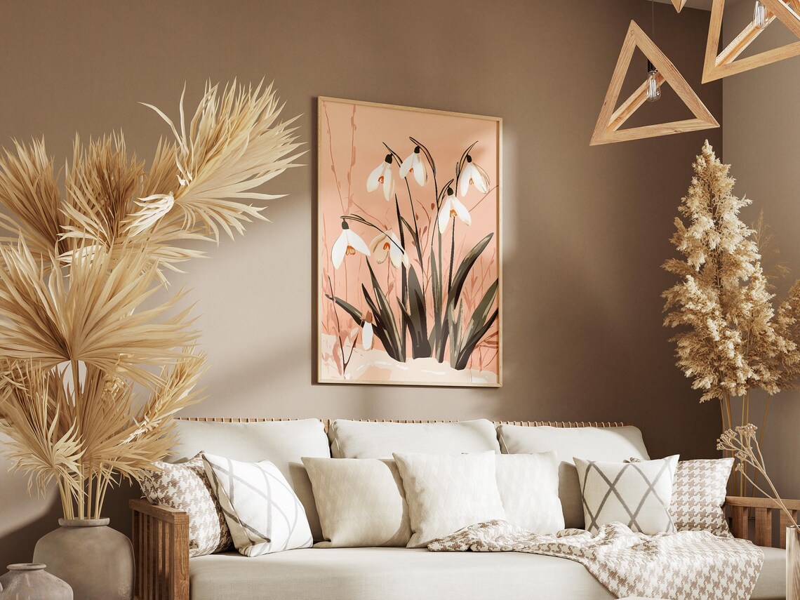 White Snowdrop Blooms Against a Soft Peach Minimalist Backdrop Poster - Image 3