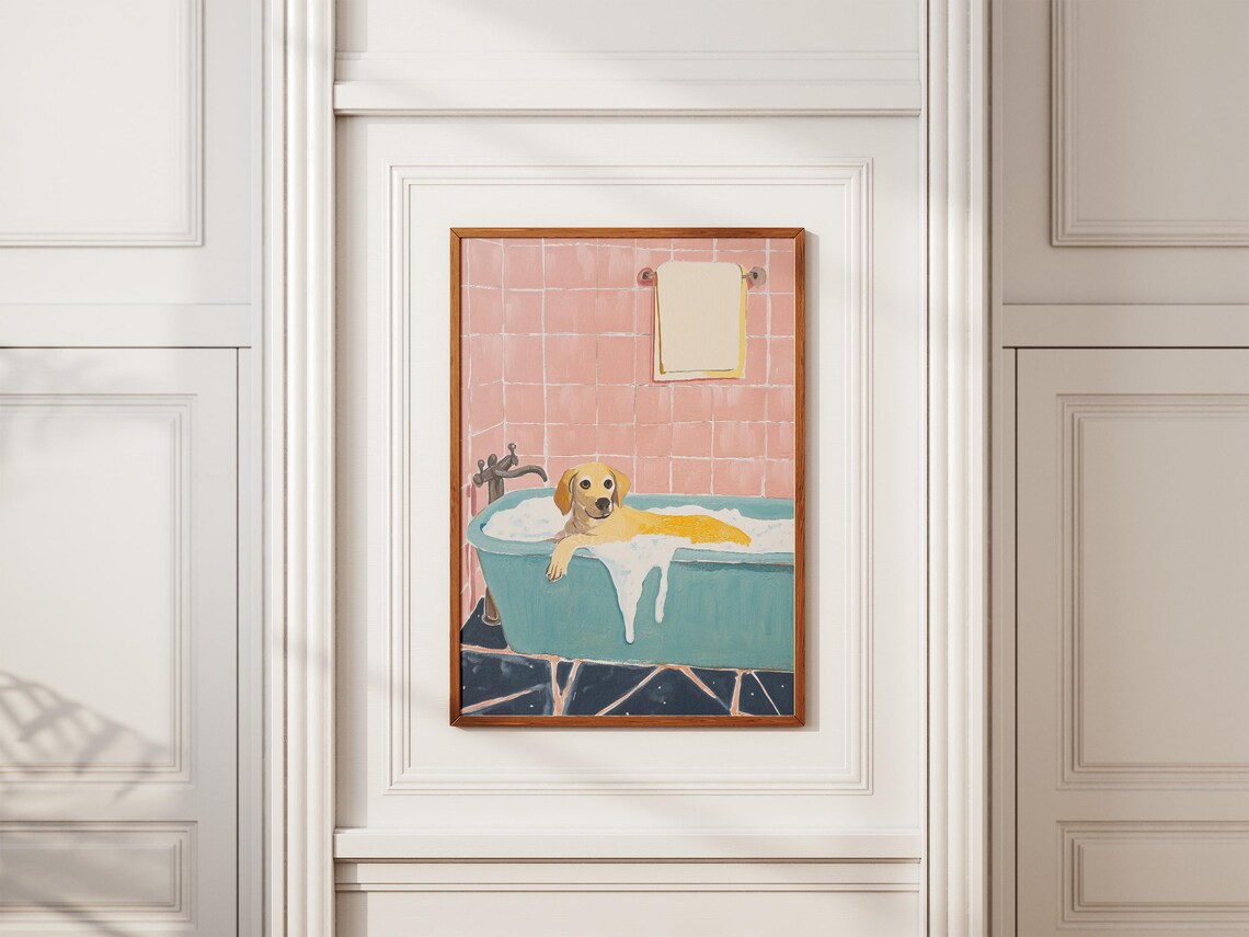 Golden Retriever Puppy in Bathtub Pink Bathroom Funny Dog Poster - Image 2