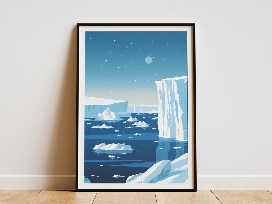 Antarctica Glowing Iceberg Night Sky Moon Polar Landscape Poster