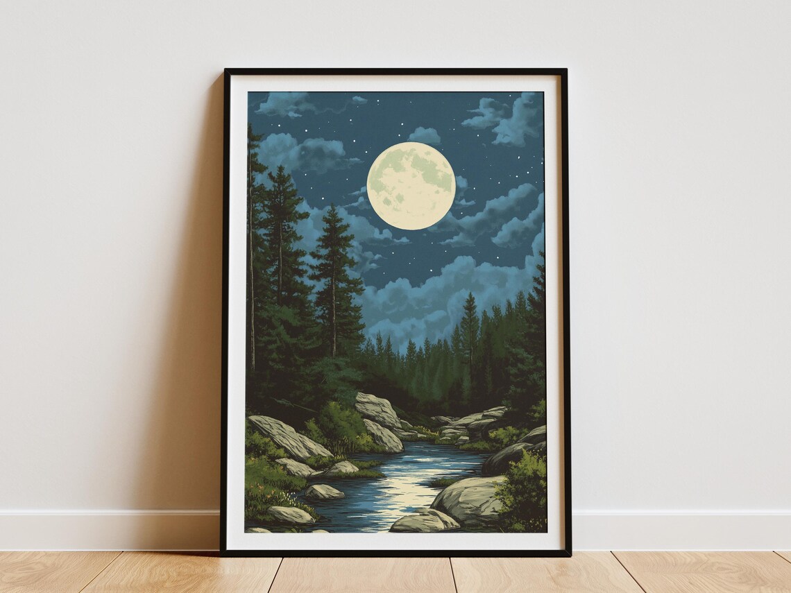 Ozark National Forest Arkansas Full Moon River Night Landscape Poster