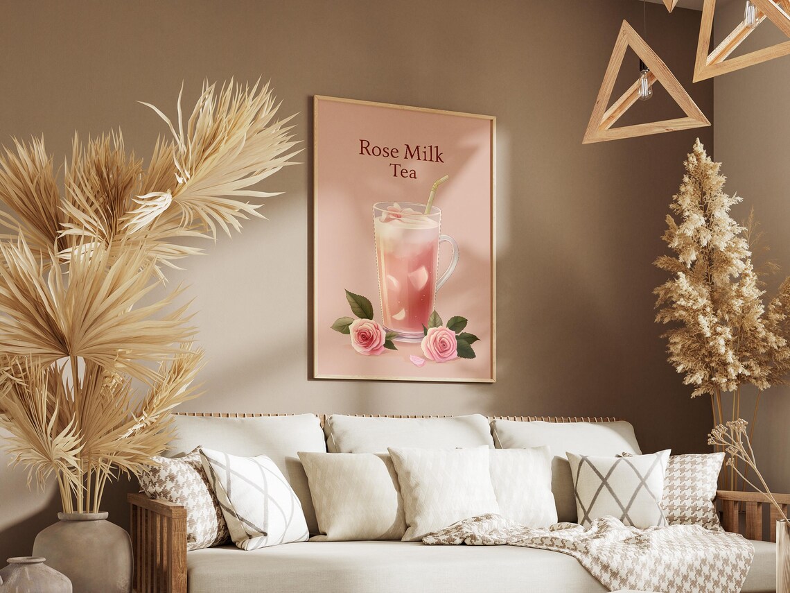 Iced Rose Milk Tea Glass Straw Roses Cute Pink Kitchen Art Poster - Image 3