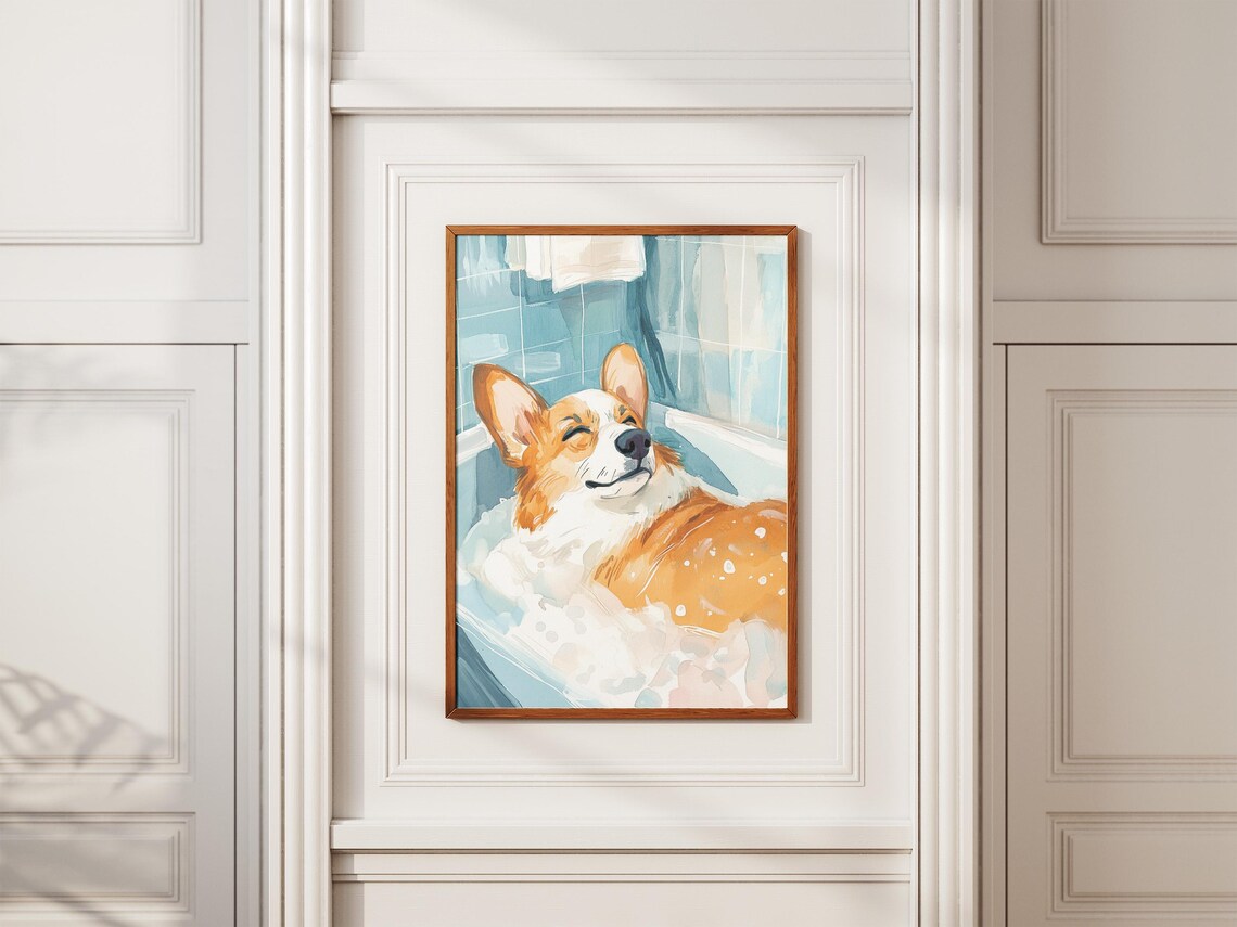 Cute Happy Corgi Bubble Bath Watercolor Blue Smiling Dog Poster - Image 2
