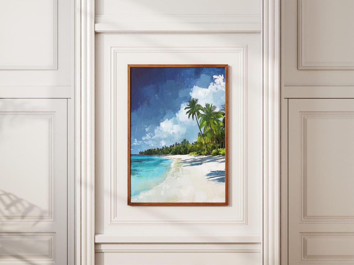 White Sand Island Beach Palm Trees Deep Blue Ocean Escape Poster - Image 2