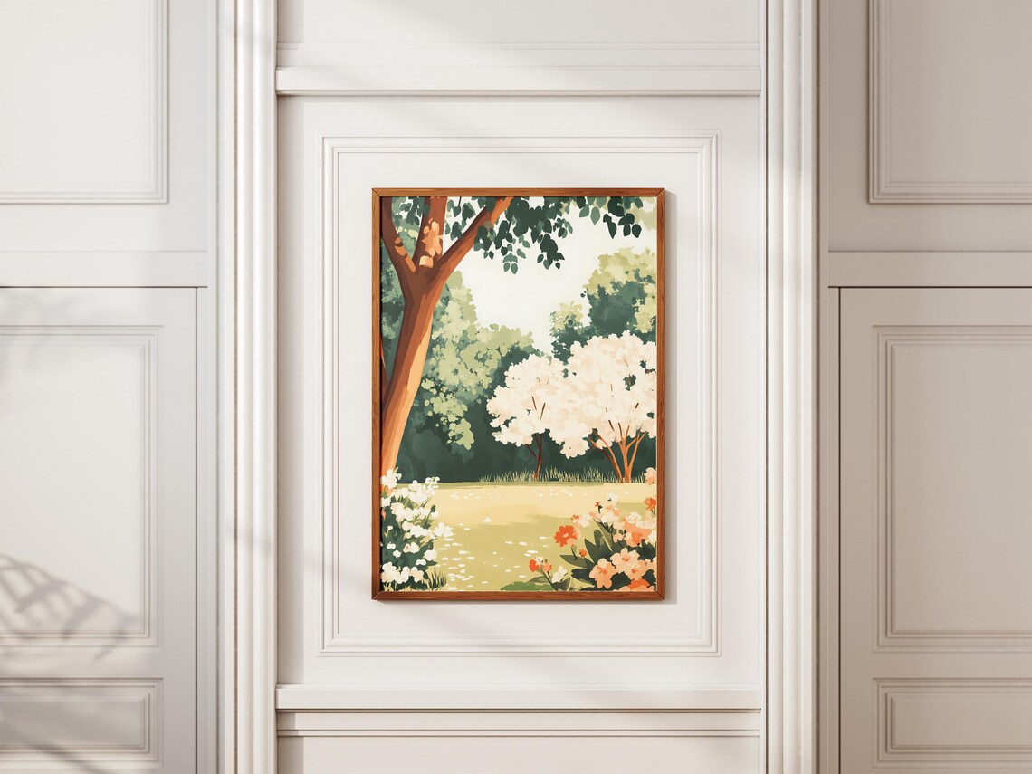 Sunlit Garden Path With White Blossoming Trees Nature Poster - Image 2