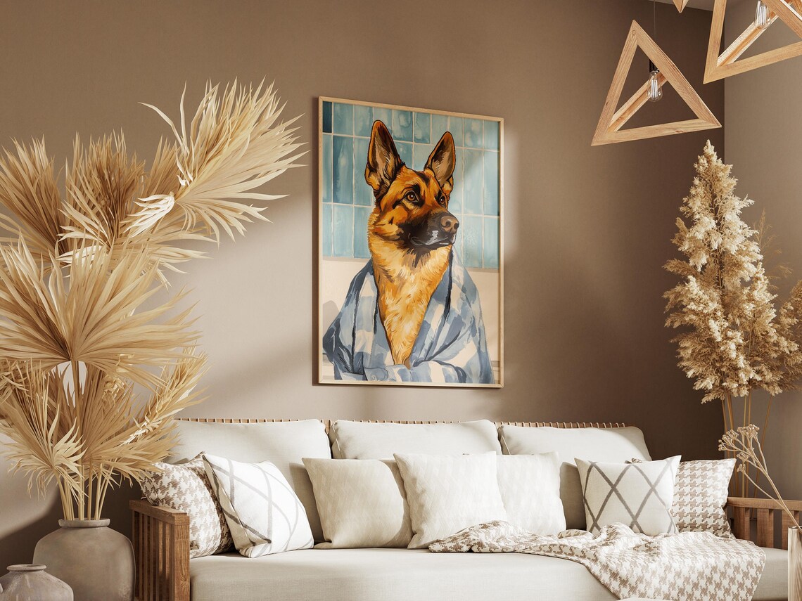 German Shepherd In Bathrobe Funny Bathroom Dog Portrait Art Poster - Image 3