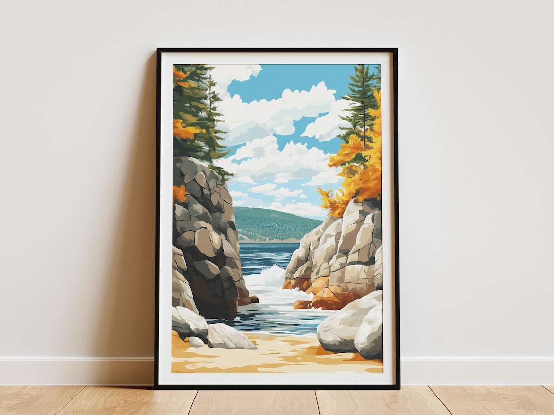 Acadia National Park Maine Rocky Cove Ocean Waves Autumn Art Poster