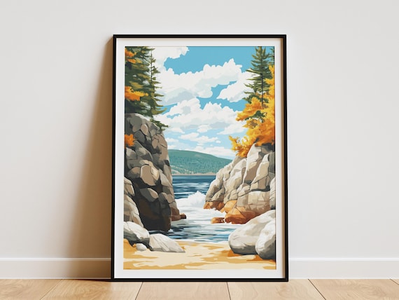 Acadia National Park Maine Rocky Cove Ocean Waves Autumn Art Poster