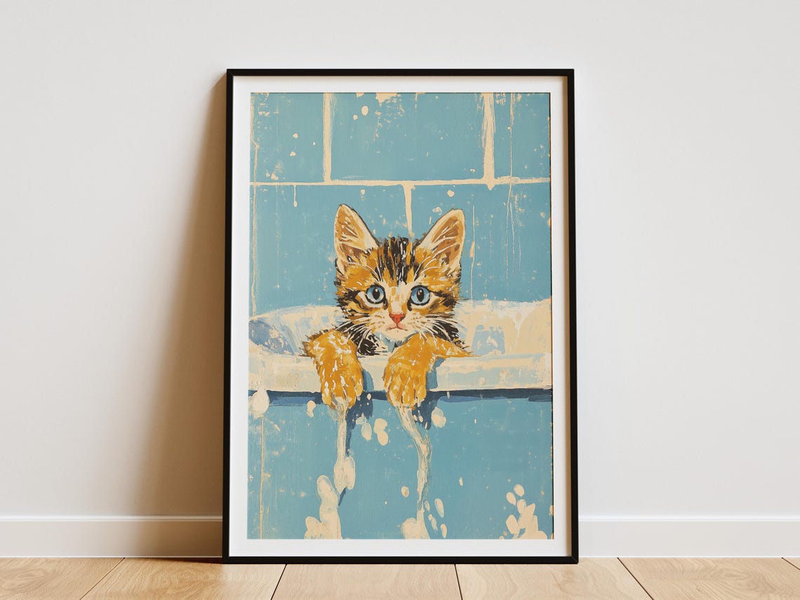 Kitten in a Blue Bathtub Cute Animal Bath Time Art Wall Poster
