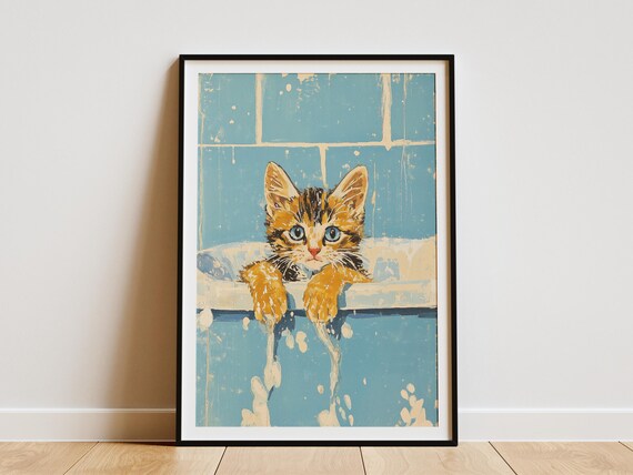 Kitten in a Blue Bathtub Cute Animal Bath Time Art Wall Poster